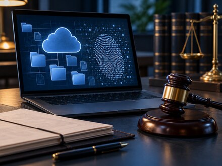 Cloud files, a digital fingerprint, and a judge's gavel representing warrant requirements for digital searches